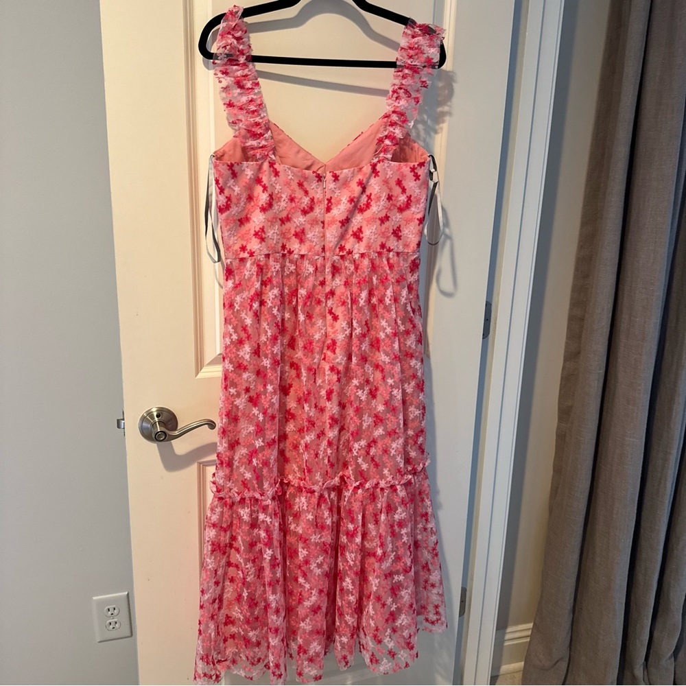 ML Monique Lhuillier Floral Embroidered Mesh Pink & White Midi Dress | Size 10 - Picture 9 of 10